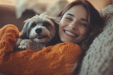 Happy Woman in Orange Sweater Cuddling Her Dog on the Sofa, Close Up Portrait Photograph in the Style of Natural Light Minimalism 
