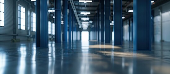 An empty industrial warehouse with blue columns is shown in a blurred interior copy space image