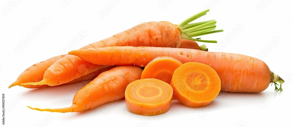 Poster isolated on a white background a front view of orange carrots with stick shaped slices provides a cl