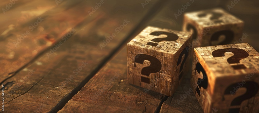 Poster a brown background with three wooden cubes featuring question marks and copy space slightly blurred