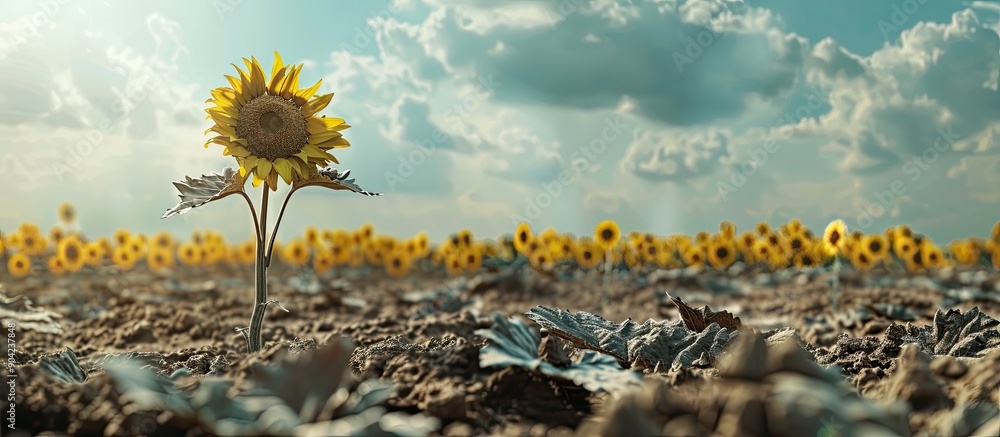 Poster sunflower field with copy space image showing dry soil
