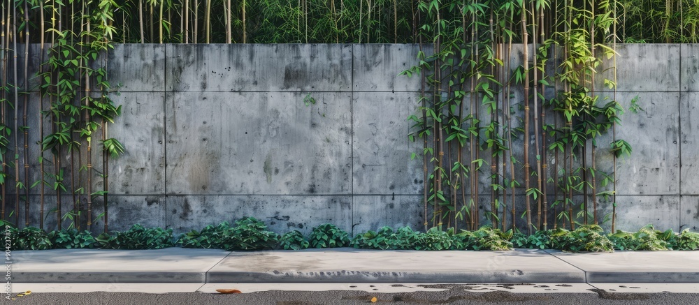 Poster a fence constructed from prefabricated concrete blocks is enhanced by a tall bamboo hedge in the bac