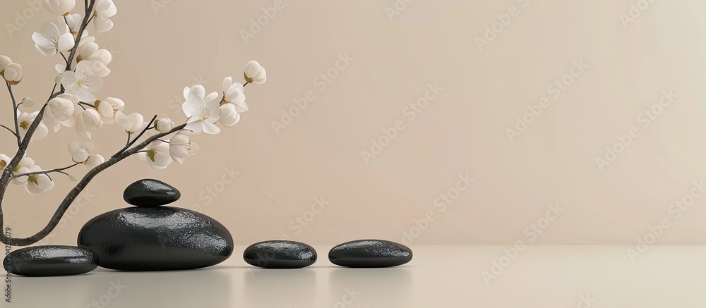 Poster front view of a simple yet beautiful nature setting featuring black stones a hazy flower branch and 