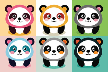 Fototapeta premium Six Cute Cartoon Pandas with Different Colored Fur and Ear Patches