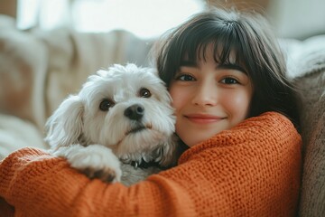 Happy Woman in Orange Sweater Cuddling Her Dog on the Sofa, Close Up Portrait Photograph in the Style of Natural Light Minimalism 