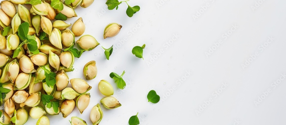 Poster lablab or hyacinth beans deep fried in oil shown on a white background with ample copy space for add