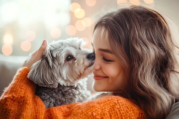 Happy Woman in Orange Sweater Cuddling Her Dog on the Sofa, Close Up Portrait Photograph in the Style of Natural Light Minimalism 
