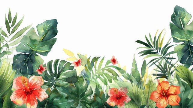 Hawaiian foliage border on a white background, cartoon, watercolor style, vibrant colors, tropical theme, whimsical, overlay