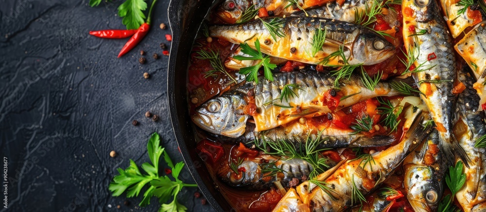 Poster a top down view of sardines cooked in tomato sauce with spices ideal for lunch or dinner fitting int