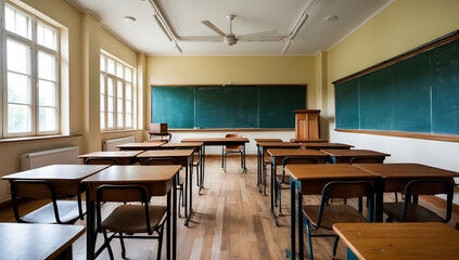 Empty Classroom. Back to school concept in high school. Classroom Interior Vintage Wooden Lecture Wooden Chairs and Desks. Studying lessons in secondary education.