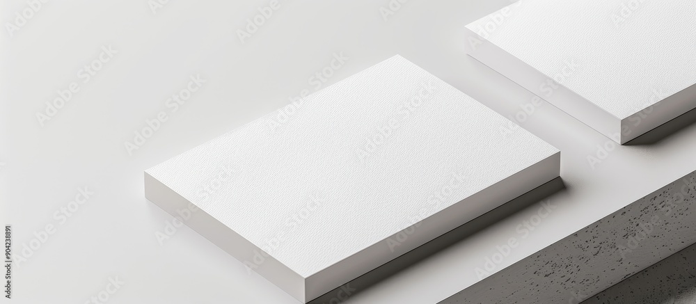 Poster close up mockup for design with blank business cards on a light grey textured table offering copy sp