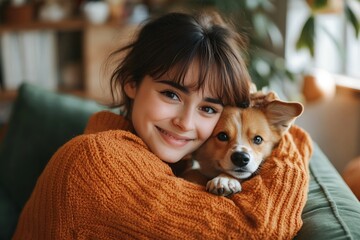 Happy Woman in Orange Sweater Cuddling Her Dog on the Sofa, Close Up Portrait Photograph in the Style of Natural Light Minimalism 