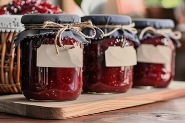 Homemade jam, mason jars with labels, country kitchen, Watercolor style