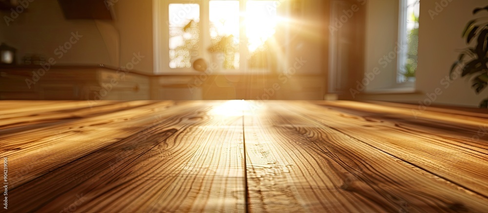 Poster sunny interior with blurred background featuring a wooden board on an empty table ideal for a copy s
