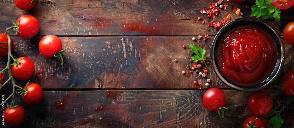 Poster top view of a flavorful ketchup with spices and tomatoes on a wooden backdrop ideal for use as a cop
