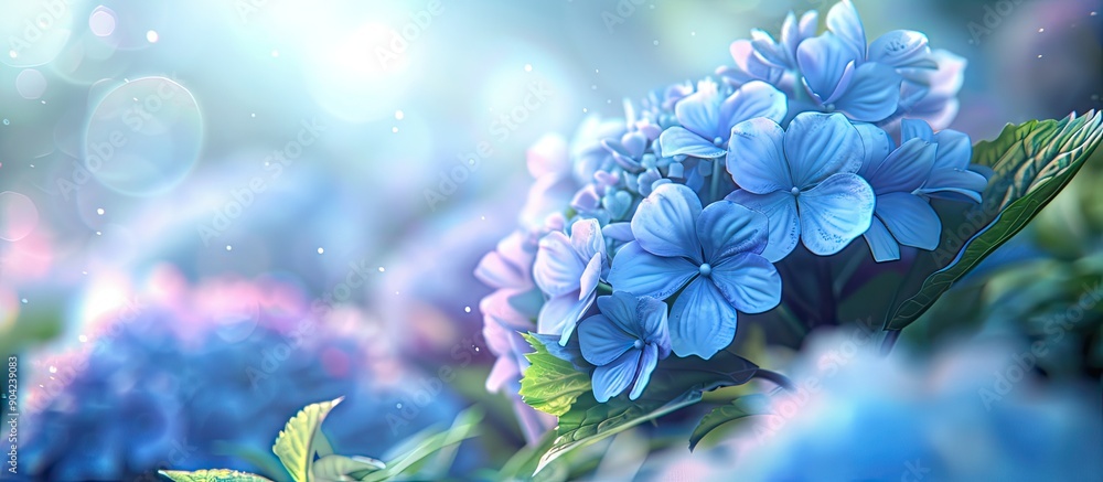 Poster soft focused blue hydrangea flower blooming in a natural setting with a blurred background perfect f