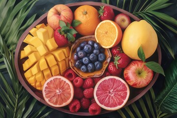 Vibrant fruit platter featuring mango, strawberry, blueberry, orange, and lemon surrounded by lush...