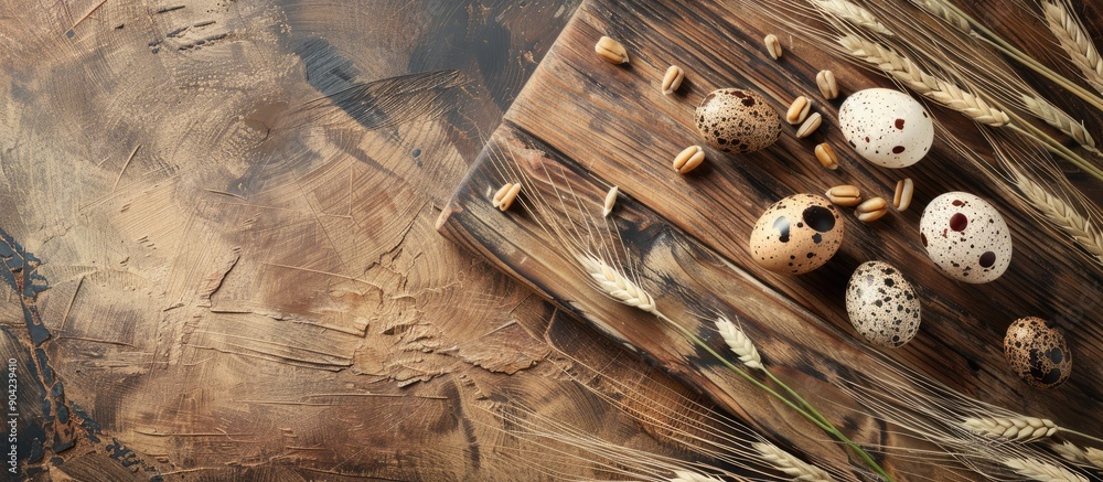 Poster wooden board with fresh quail eggs feathers and wheat displayed on a rustic background with copy spa