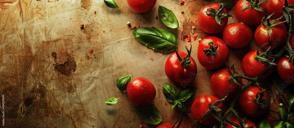 Poster cherry tomatoes and basil on a textured background with tomato sauce ideal for a vegan salad organic