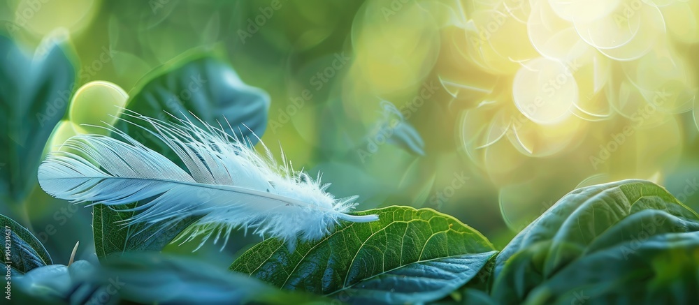 Poster macro shot of a white bird feather on a leaf with a blurred background provides a captivating copy s