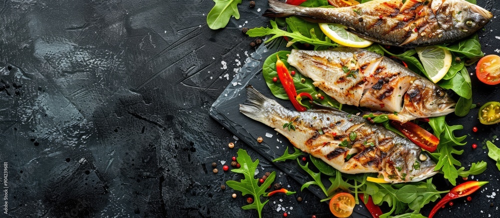 Poster top view of grilled sea bream dorado fillets on fresh salad against a black background with space fo