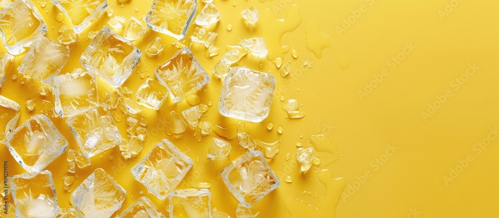 Poster a yellow background showcasing crystal clear ice cubes in a flat lay composition with room for text 