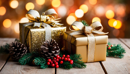 christmas and new year background - gift boxes and pine cones and branches on the background of bokeh garlands. Cozy background, winter.