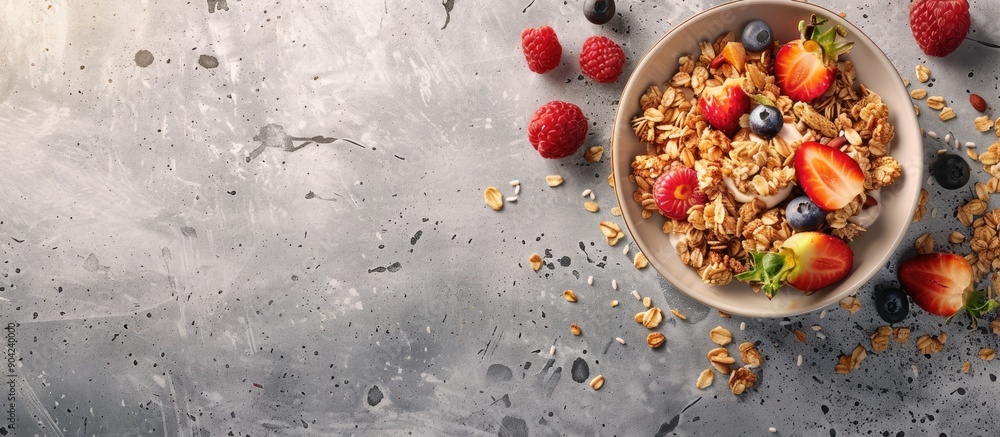 Poster a delicious granola with fresh fruits displayed on a gray tabletop in a flat lay composition providi