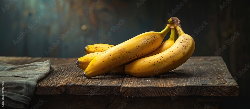 Wall mural a group of ripe bananas rests on a rustic wooden table with a blank space for an image. copy space i