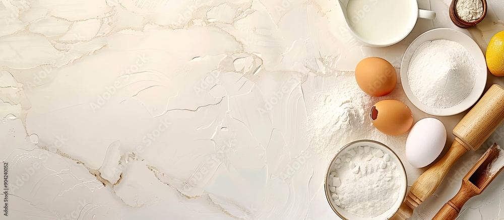 Aufkleber baking ingredients on a blank background with space for text flour eggs milk rolling pin top view of