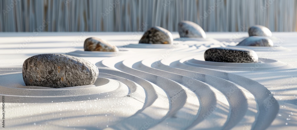 Poster stones arranged in a serene zen garden with a white sand pattern create a minimalist scene with copy