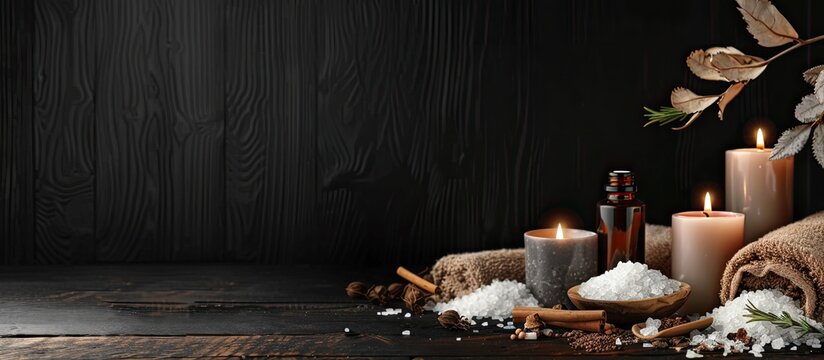 Zen spa arrangement with cosmetic items herbal pouches lit candles and sea salt on a wooden surface displayed against a black backdrop with adequate copy space image