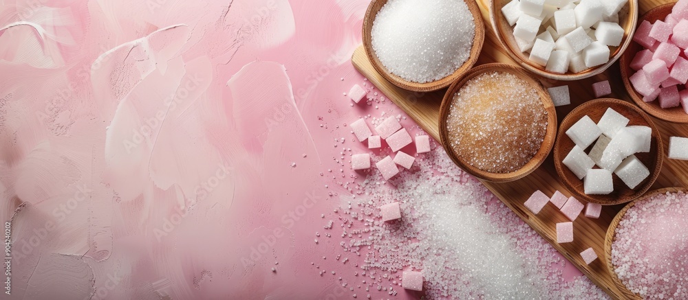 Poster wooden board featuring various types of sugar displayed against a soft pink background with ample co
