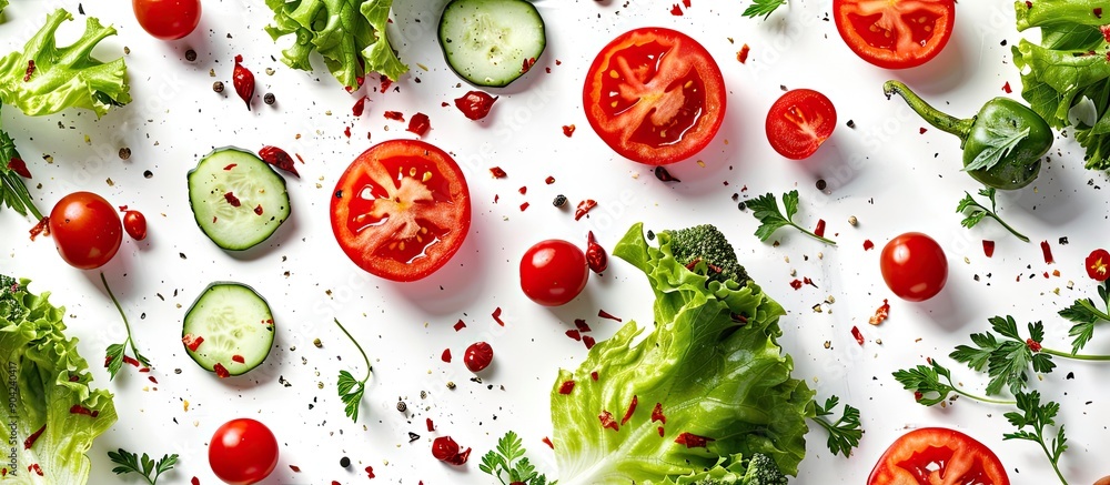 Aufkleber assorted fresh vegetables like tomatoes cucumbers lettuce parsley and peppers captured in motion on 