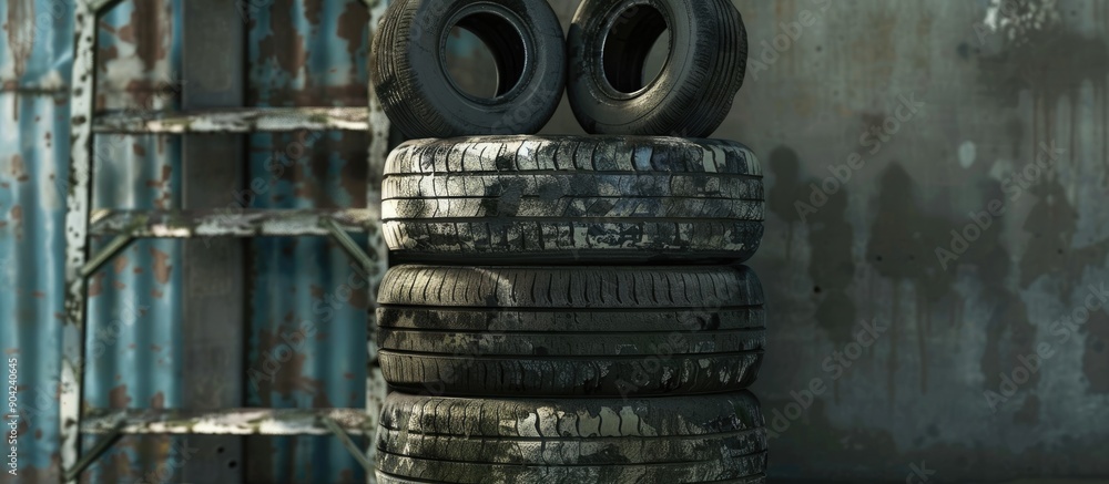 Poster a stack of three worn tires sits on a metal shelf with space for copying images