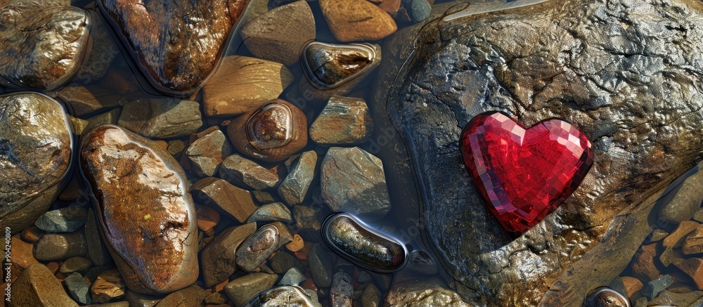 Poster top down view of a red heart ornament placed on rocks surrounded by water with a designated copy spa