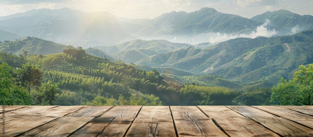 Poster wooden table showcasing a scenic mountain and green landscape background creating a perfect setting 