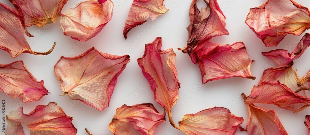 Canvas Prints Pink petals of dried flowers set against a white backdrop with room for text in a copy space image