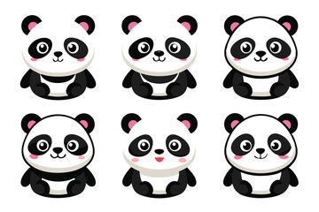 Fototapeta premium Six Adorable Cartoon Pandas Sitting with Big Eyes