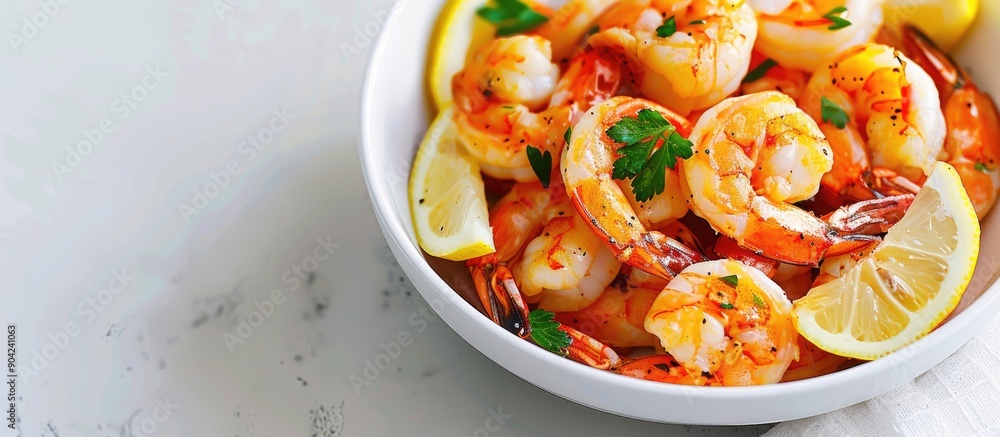 Aufkleber a bowl with cooked shrimp and lemon slices on a white background showing a copy space image