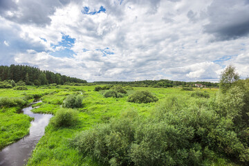 A lush green field with a small stream running through it