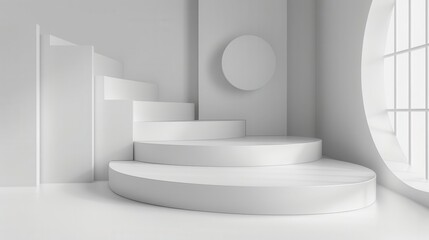 Minimalist white room with circular window and steps, perfect for product display or mockups.
