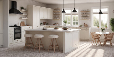 Fototapeta premium Rendering of a classic kitchen in the American style 3.3D illustration