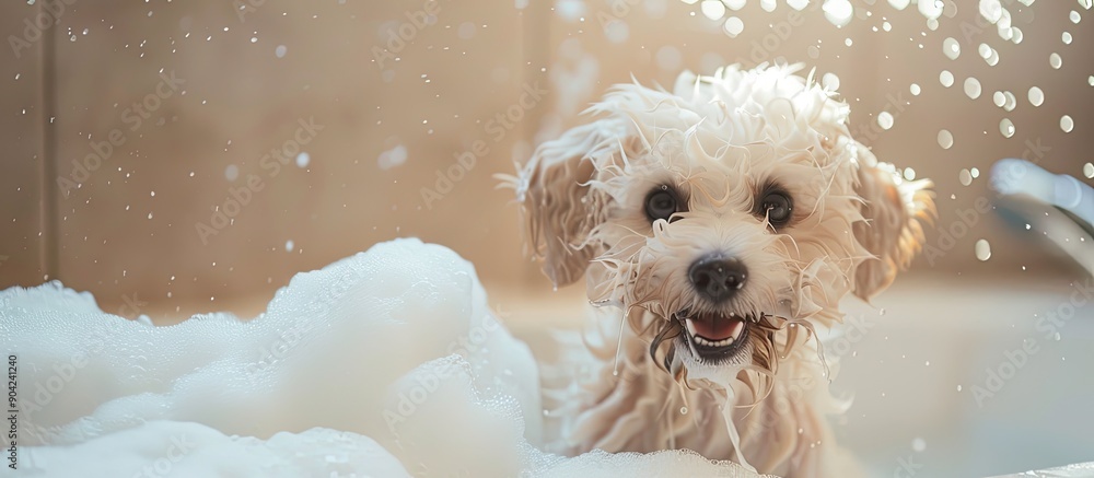 Poster maltipoo dog happily enjoys a bath covered in soap foam smiling at the camera with copy space image