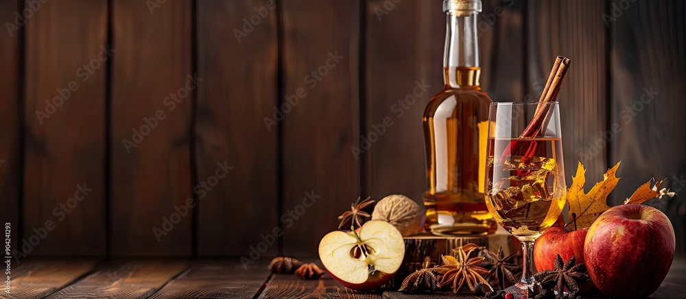 Poster autumn drinks with a mix of strong alcohol apple cider liqueur and spices displayed on a dark wooden