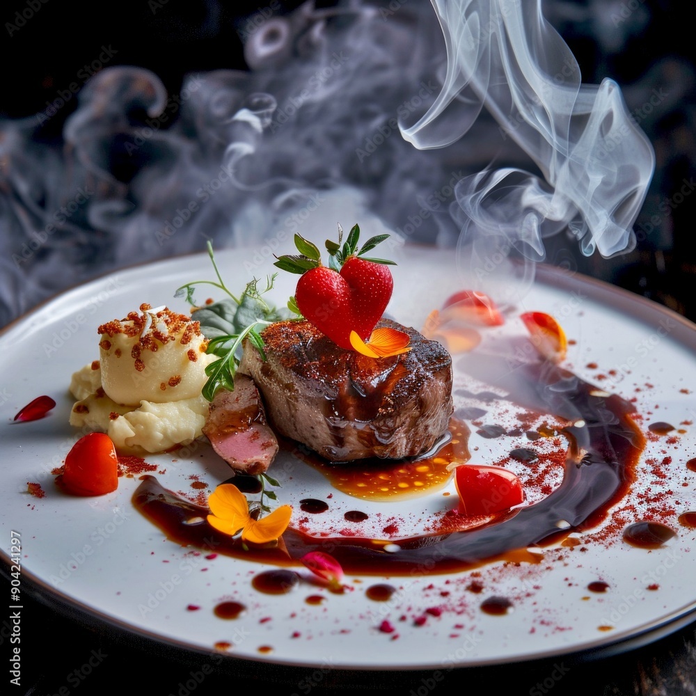 Wall mural Gourmet beef steak with creative garnishes and smoky effects on a stylish plate. Represents fine dining and culinary artistry. Great for food blogs, menus, and promotional material. AI