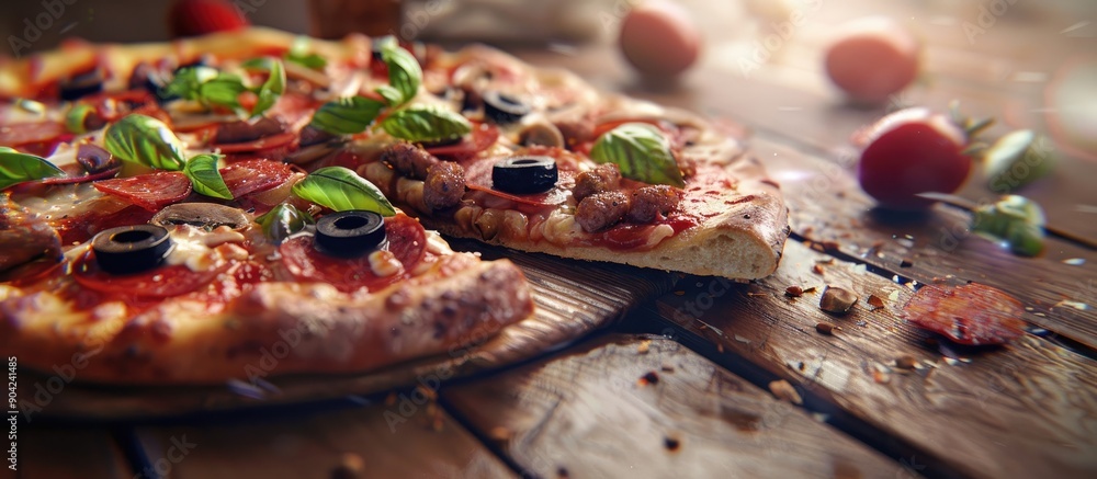 Poster a detailed image showing a pizza slice topped with sausage mushrooms olives and assorted toppings pl