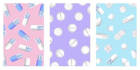 pills cardSet of medical pills, capsules and tablets on Set of medical pills, capsules and tablets on on colored backgrounds. Minimal pharmacy concept. Vector illustration EPS10
