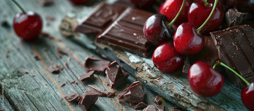 Poster close up display of fresh cherries paired with chocolate on a rustic grey wooden surface creating an