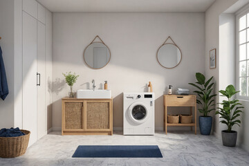 Interior of laundry room with washing machines and dirty clothes